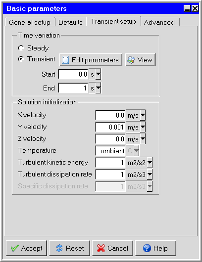 The Basic parameters Panel (Transient setup Tab)
