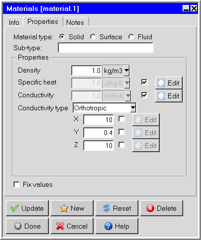 The Materials Panel for a Solid Material (Properties Tab)