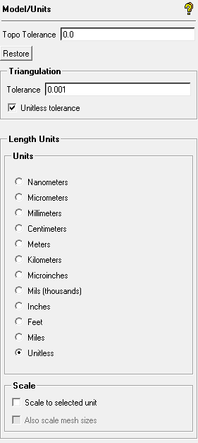 Model/Units Setting Options