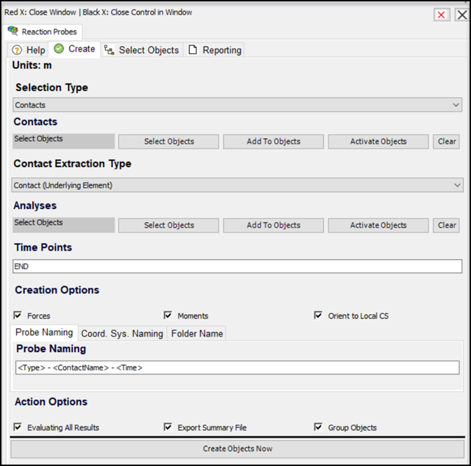 Contacts under Reaction Probes Create Tab