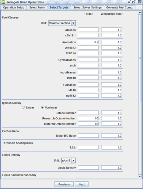 Example of Surrogate Blend Optimizer in Ansys Chemkin Reaction Workbench. Specification of test fuel properties, called Targets, is shown