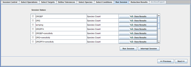 Run Session panel in the Mechanism Reduction interface