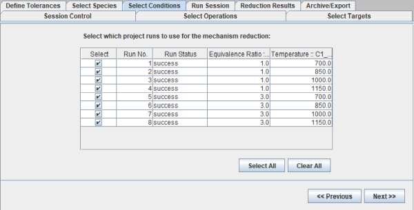 Select Conditions panel in the Reaction Workbench Mechanism Reduction interface