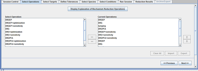 Select Operations panel in the Mechanism Reduction utility