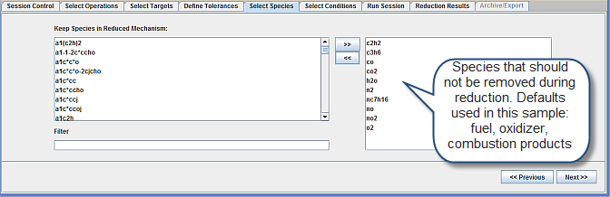 Select Species panel for the Mechanism Reduction utility