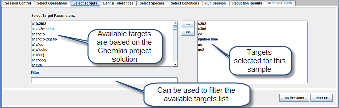 Select Targets panel for the Mechanism Reduction utility