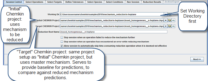 Session Control panel in the Mechanism Reduction utility