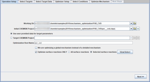 Operation Setup panel of the Global Mechanism Optimization project for optimizing surface kinetics mechanism