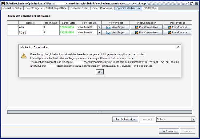 Optimize Mechanism panel of the Global Mechanism Optimization project for optimizing surface kinetics mechanism