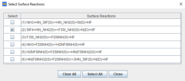 Pop-up panel to select reactions from the surface mechanism to optimize