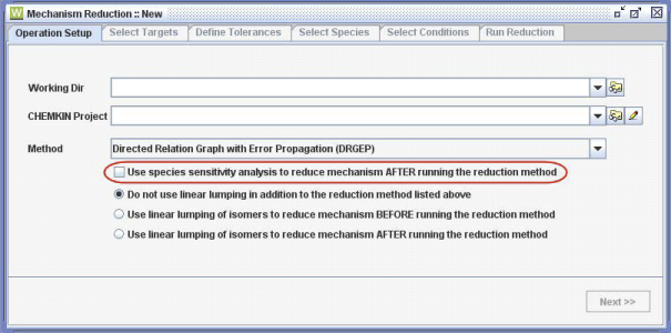 Selecting sensitivity analysis for DRGEP in the Reaction Workbench