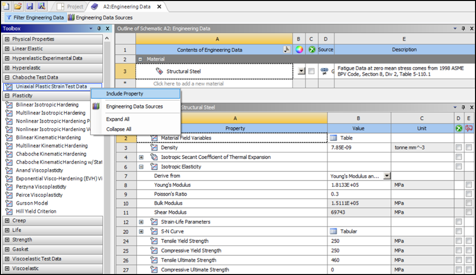 Include Uniaxial Plastic Strain Test Data in the Properties Window of Structural Steel in Workbench