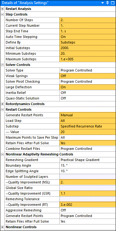 Analysis settings for Load Step 1