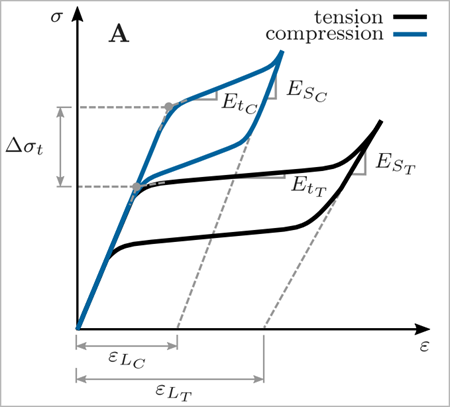 Stress-strain curve displaying tension-compression behavior of the maximum transformation strain and the Young’s modulus of martensite