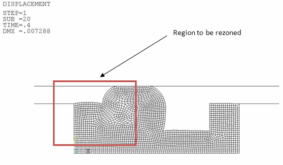 Deformation Profile at Load Step 1 -- Substep 20 (First Rezoning)