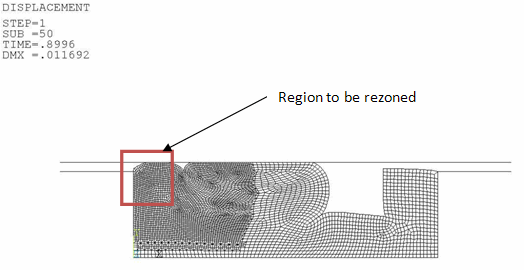 Deformation Profile at Load Step 1 -- Substep 50 (Second Rezoning)