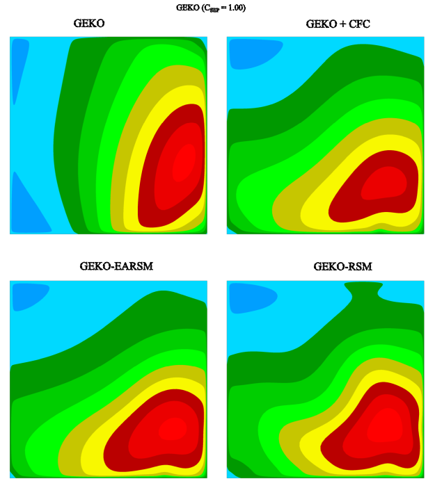 Streamwise velocity contours predicted by the linear and non-linear GEKO (=1.00) model at X5 section. Blue colors indicate recirculation zone.