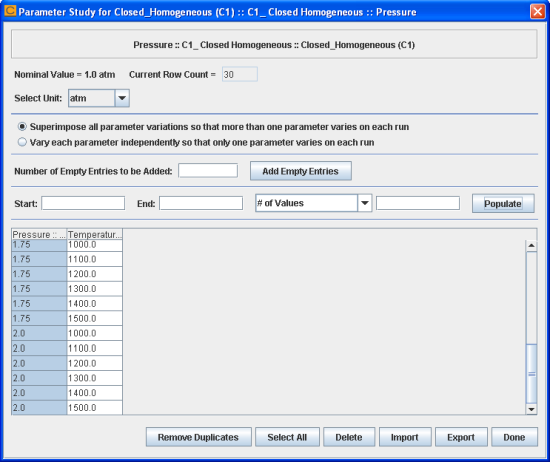 closed_homogeneous__transient.ckprj - Parameter Study Dialog for Pressure