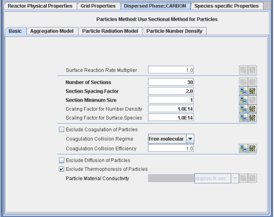 Dispersed Phase panel to input parameters for sections.