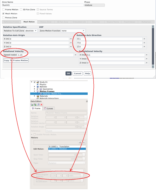 Motion settings in Fluent (top) are automatically converted into a new Motion Frame in Rocky (bottom).
