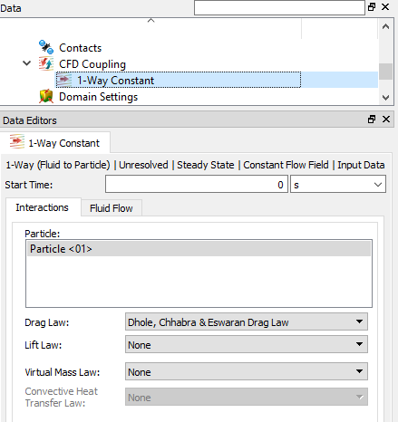 Interactions tab options for the 1-Way Constant CFD Coupling mode when the Dhole, Chhabra & Eswaran Drag Law module is enabled.