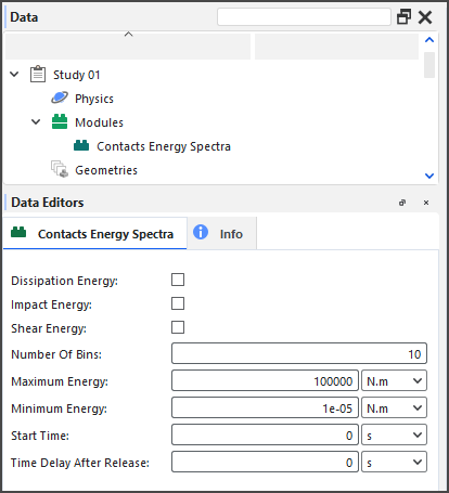 Options in the Data Editors panel when the Contacts Energy Spectra Module is enabled