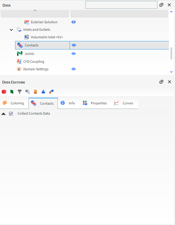 Contacts parameters on the Data Editors panel