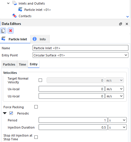 Particle Inlet, Entry sub-tab, Data Editors panel