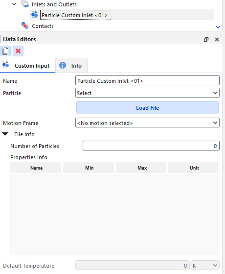 Particle Custom Inlet, Data Editors panel