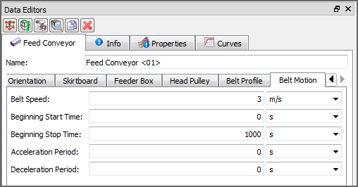 Default Feed Conveyor, Belt Motion parameters in the Data Editors panel