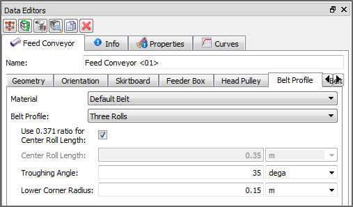 Default Feed Conveyor, Belt Profile parameters in the Data Editors panel