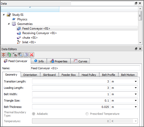 Default Feed Conveyor, Geometry parameters in the Data Editors panel