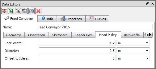 Default Feed Conveyor, Head Pulley parameters in the Data Editors panel