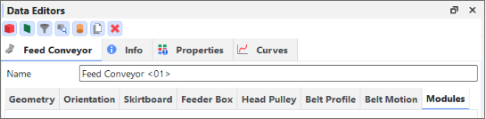 Default Feed Conveyor, Modules tab in the Data Editors panel