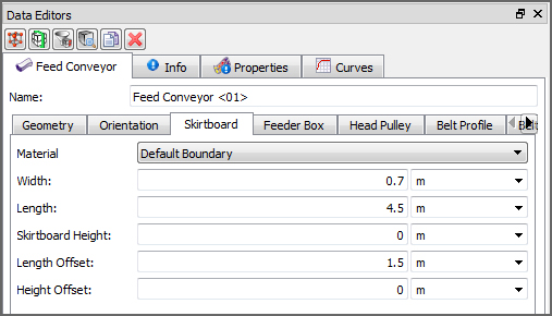 Default Feed Conveyor, Skirtboard parameters in the Data Editors panel