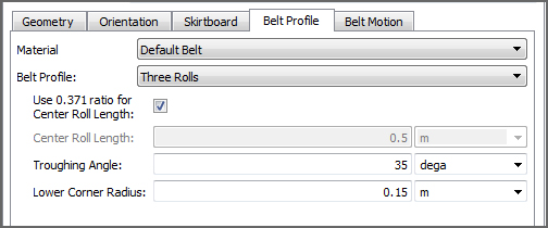 Default Receiving Conveyor, Belt Profile parameters in the Data Editors panel
