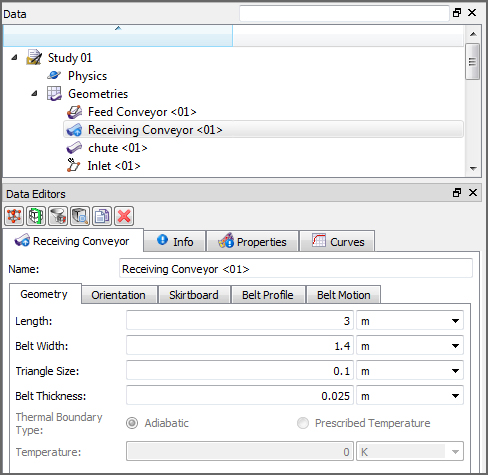 Default Receiving Conveyor, Geometry parameters in the Data Editors panel