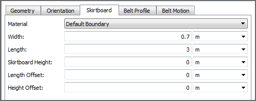 Default Receiving Conveyor, Skirtboard parameters in the Data Editors panel