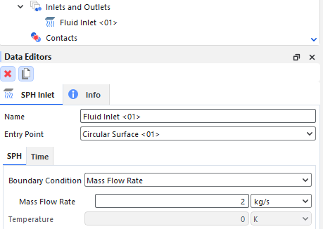 Fluid Inlet, SPH sub-tab, Data Editors panel