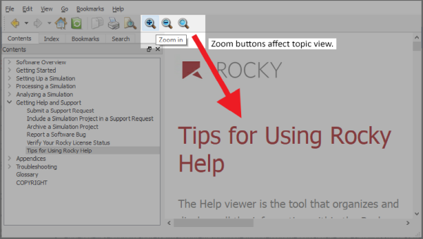 Zoom in, Zoom out, and Normal size buttons affect the topic view.