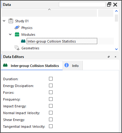 Options in the Data Editors panel when the Inter-group Collision Statistics Module is enabled