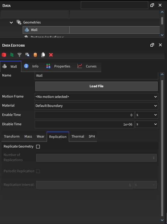 Imported wall, Replication parameters in the Data Editors panel