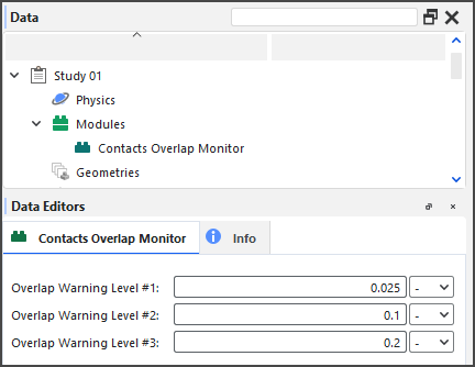 Options in the Data Editors panel when the Contacts Overlap Monitor Module is enabled