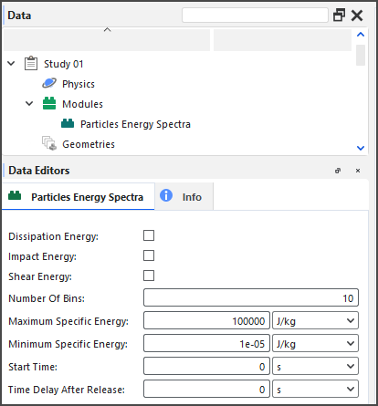 Options in the Data Editors panel when the Particles Energy Spectra Module is enabled