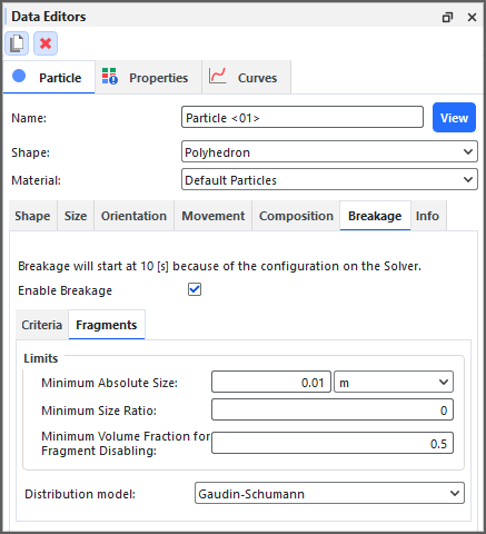 Particle, Breakage, Fragments sub-tab on the Data Editors panel showing the Gaudin-Schumann distribution model