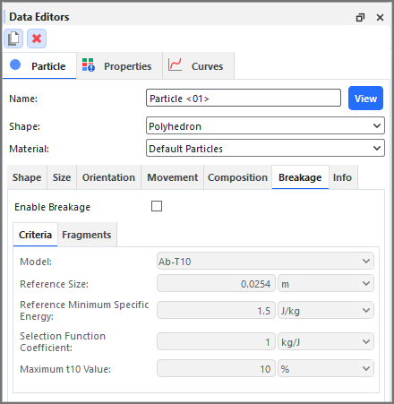 Particle, Breakage tab on the Data Editors panel
