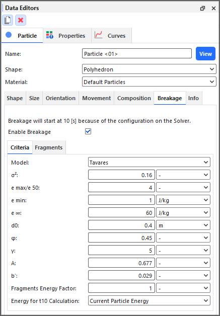 Particle, Breakage tab on the Data Editors panel showing the Tavares model settings