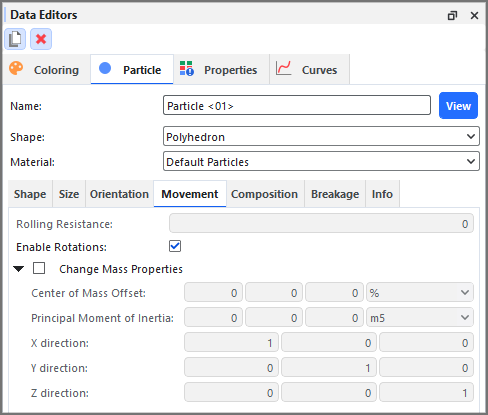 Particle, Movement tab on the Data Editors panel