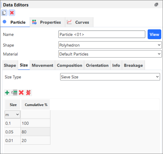 Example Size Distribution Settings for Sieve Size
