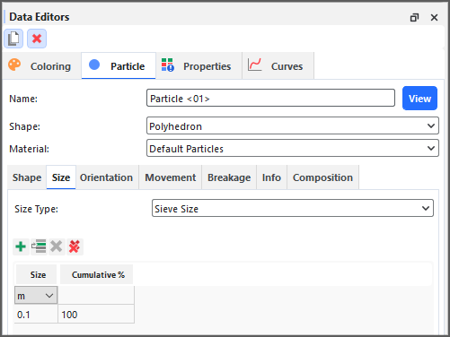Particle, Size tab on the Data Editors panel
